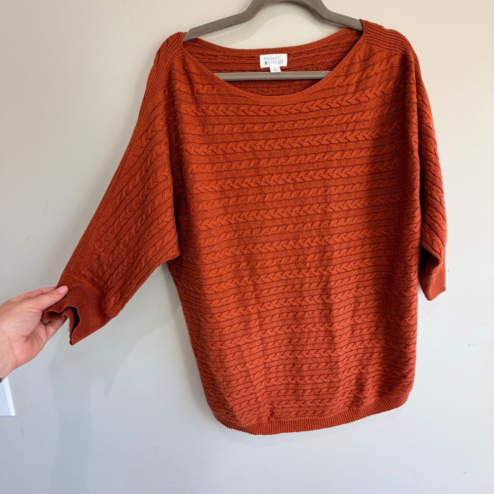 Market Spruce Cable Knit Sweater Women Size M Rust Orange Dolman Stretch Indie